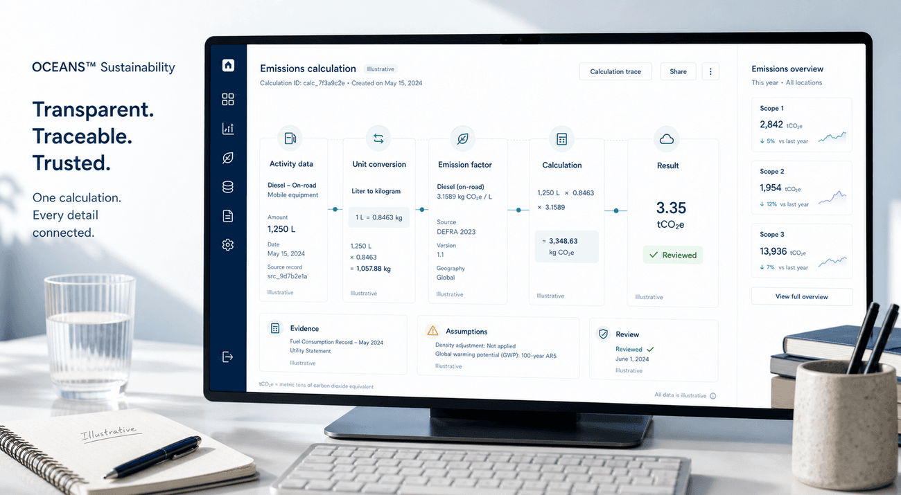 Illustrative OCEANS™ Sustainability calculation connecting activity data, unit conversion, emission factor, formula, result, evidence, assumptions, and review