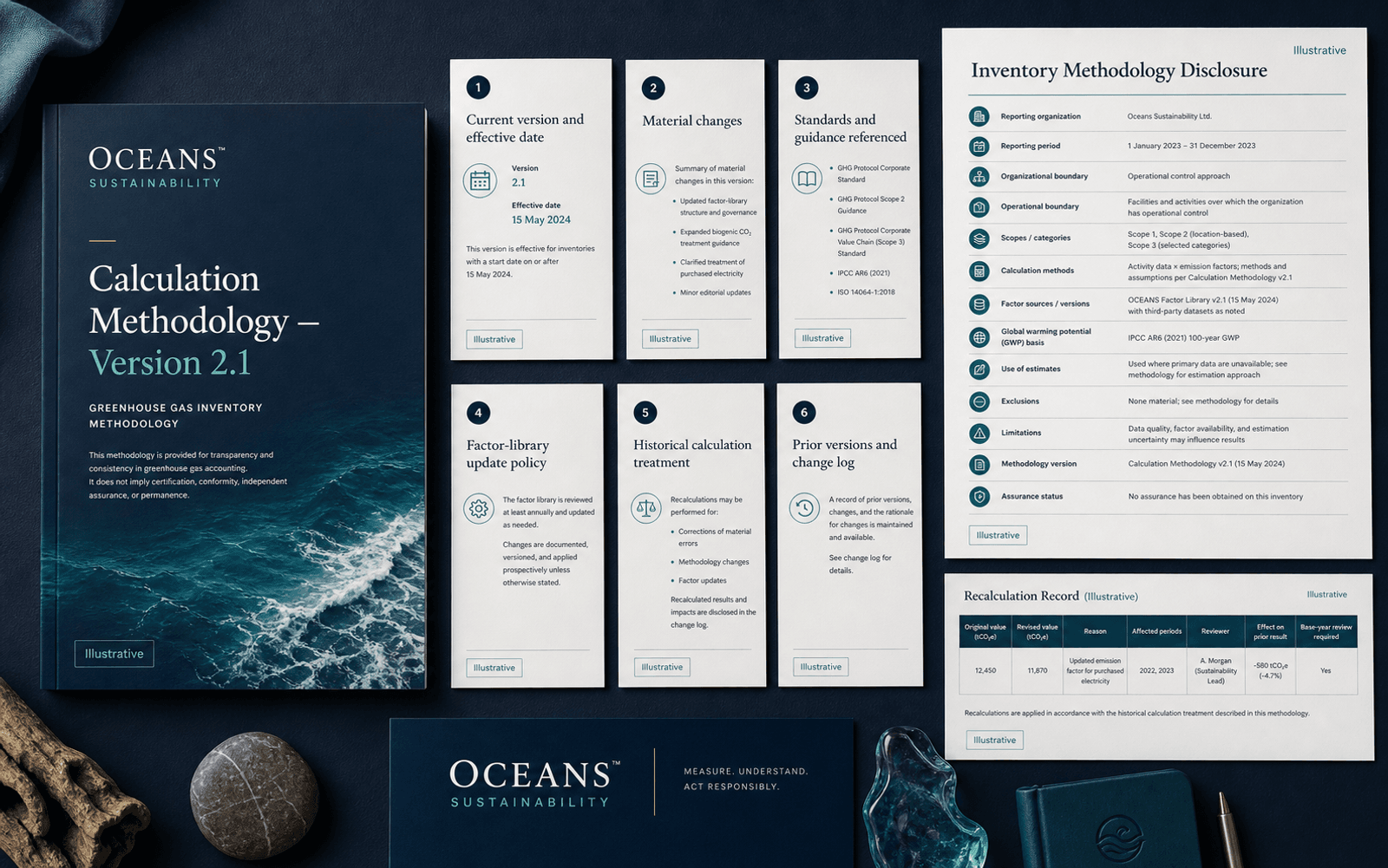 Illustrative OCEANS™ Sustainability calculation-methodology version pack with material changes, referenced guidance, factor policy, prior versions, inventory disclosure and recalculation record