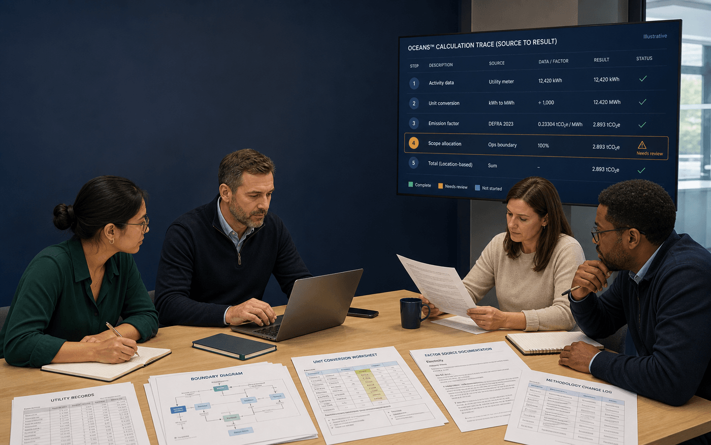 Representative team reviewing utility records, a boundary diagram, unit conversions, factor documentation, methodology changes and a source-to-result calculation trace