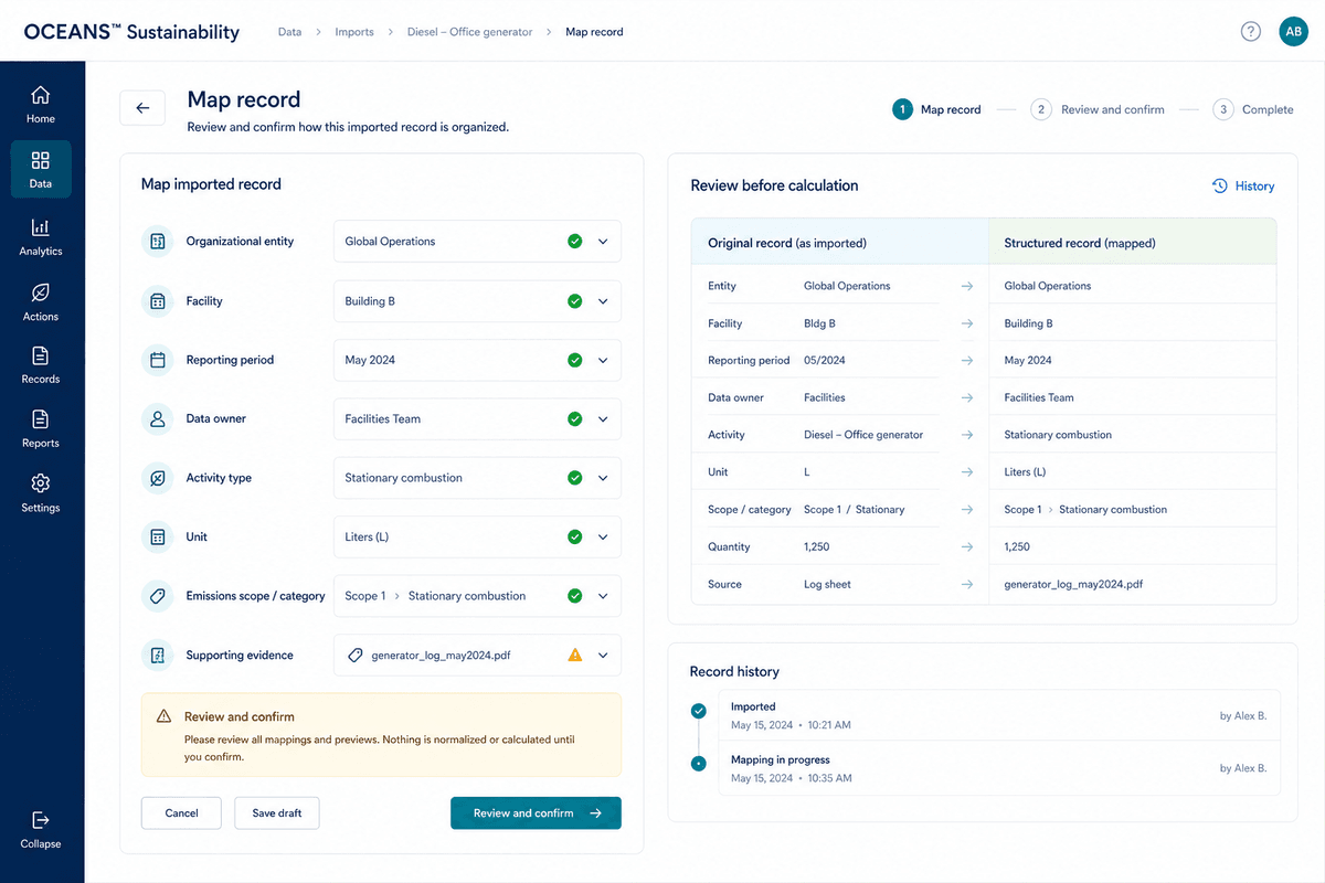 Imported sustainability record being mapped to its entity, facility, reporting period, owner, activity, unit, emissions category, and supporting evidence