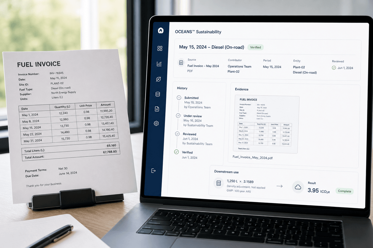 Physical fuel invoice connected to its source metadata, review history, evidence preview, and downstream calculation in OCEANS™ Sustainability