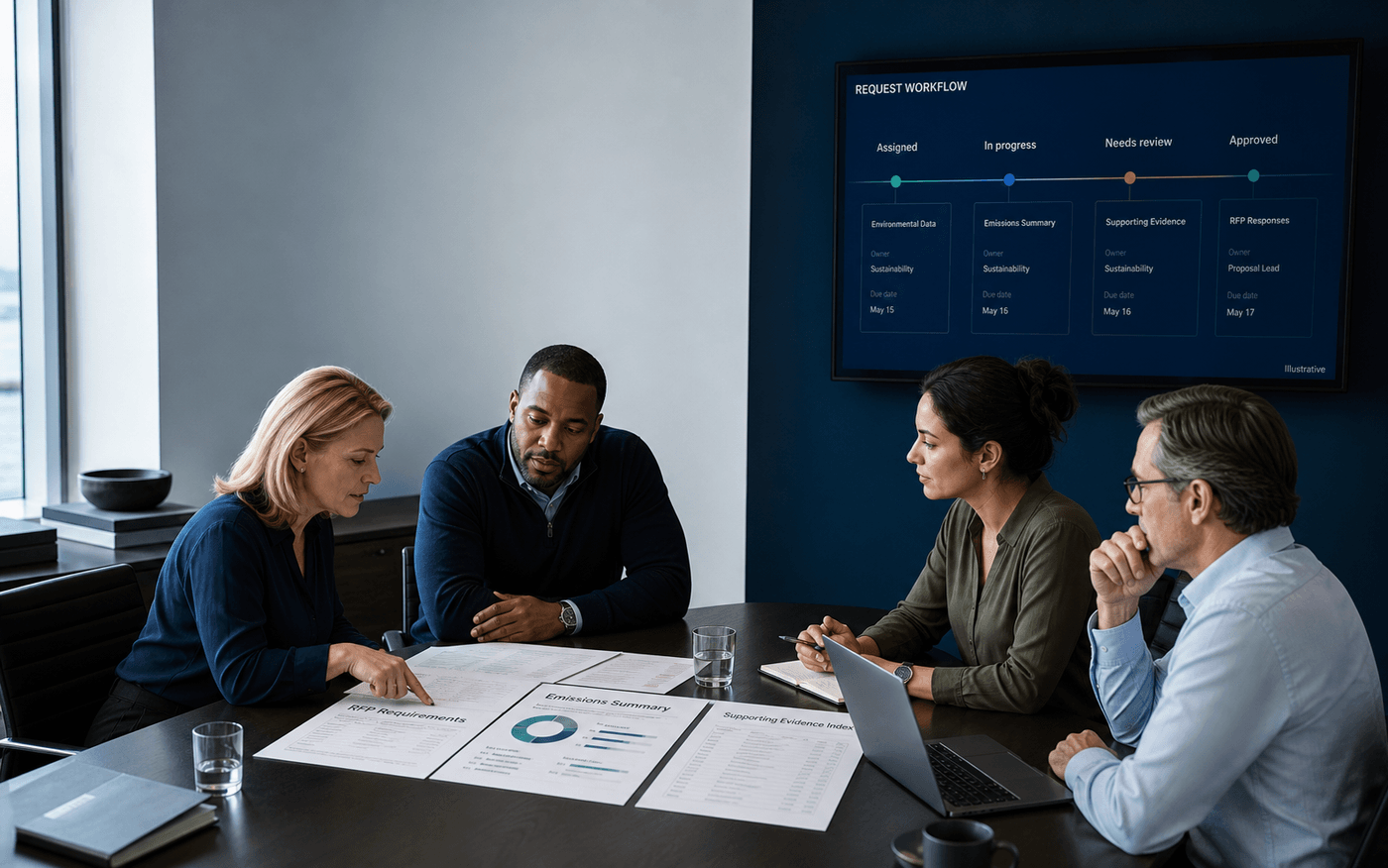 Representative sales, sustainability, finance, and legal team reviewing an RFP, emissions summary, supporting evidence, and approval workflow