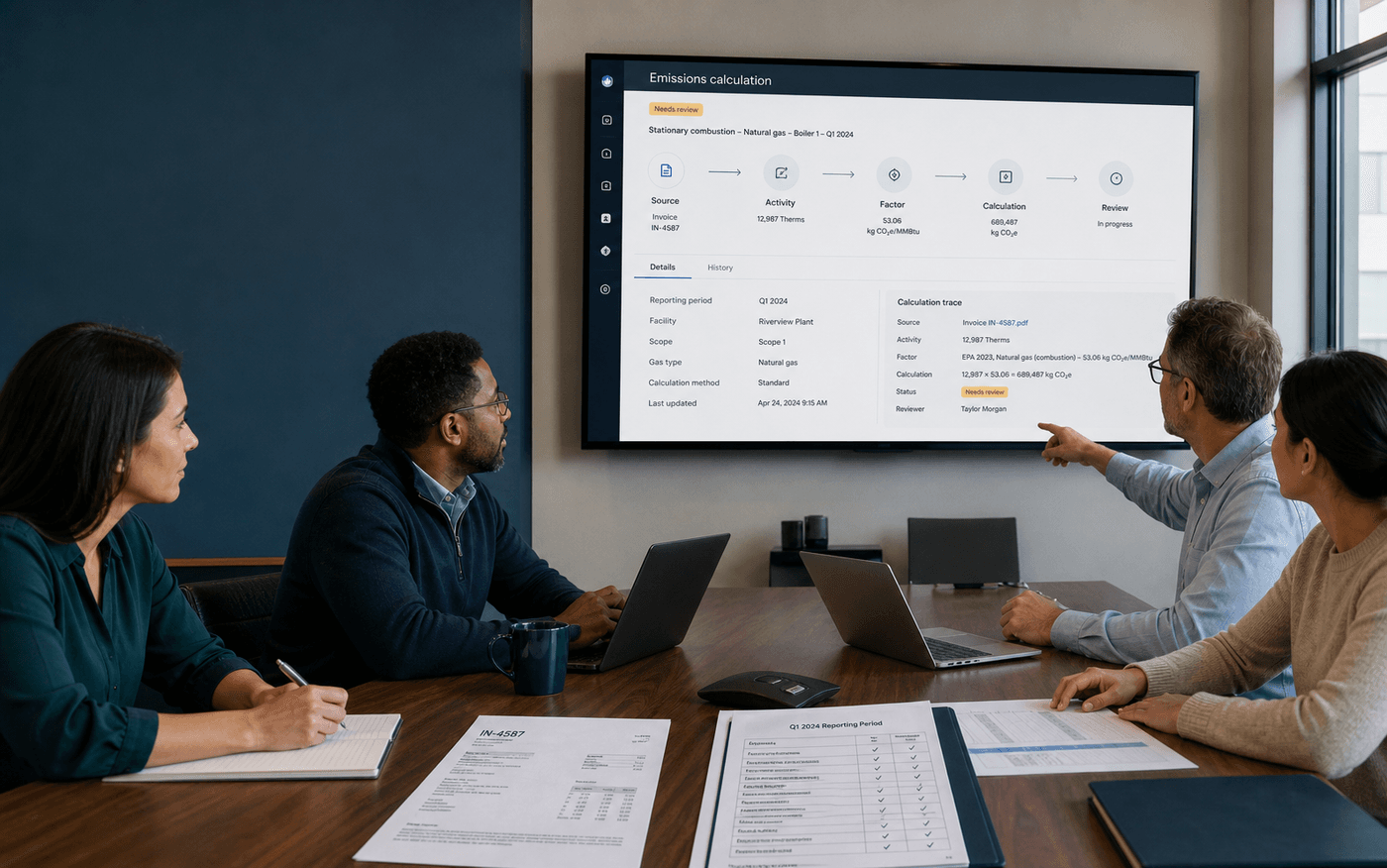Four professionals review source evidence and an emissions calculation trace together in a meeting room