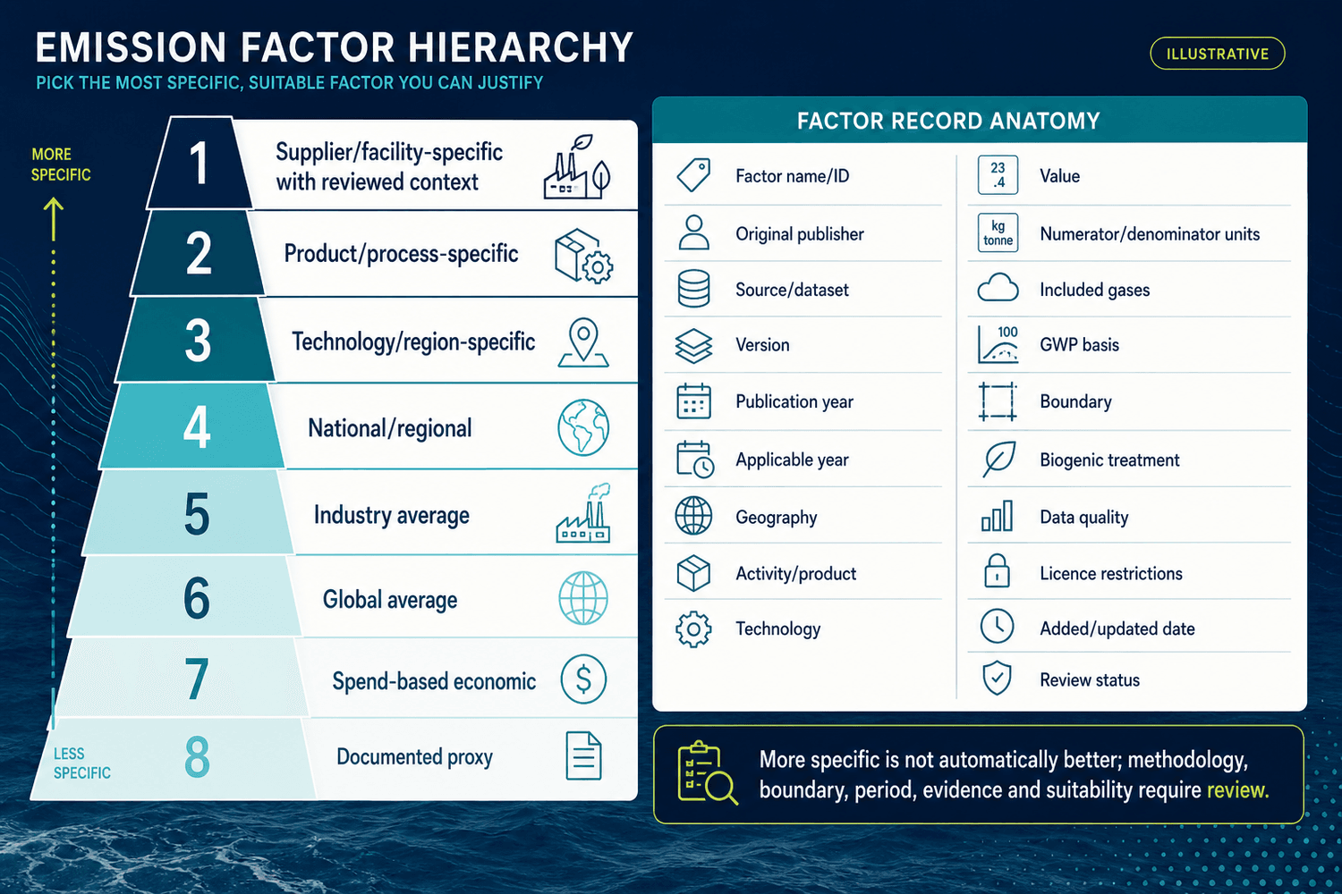 Illustrative emission-factor hierarchy from supplier-specific information to documented proxies, beside a factor record containing publisher, dataset, version, years, geography, units, gases, GWP, boundary, quality, licence and review status