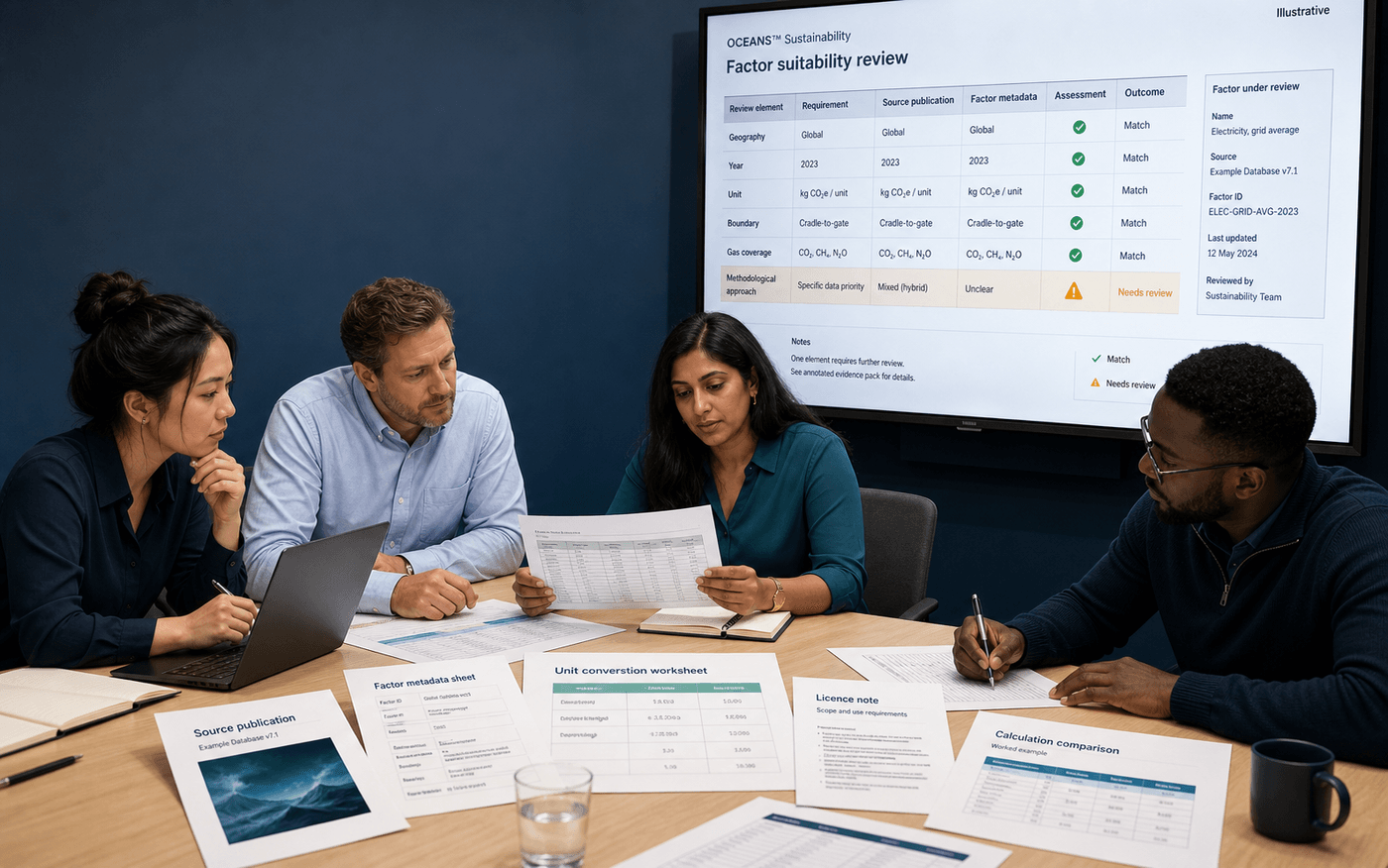 Representative team reviewing an emission-factor source publication, metadata sheet, unit conversion, licence note and calculation comparison