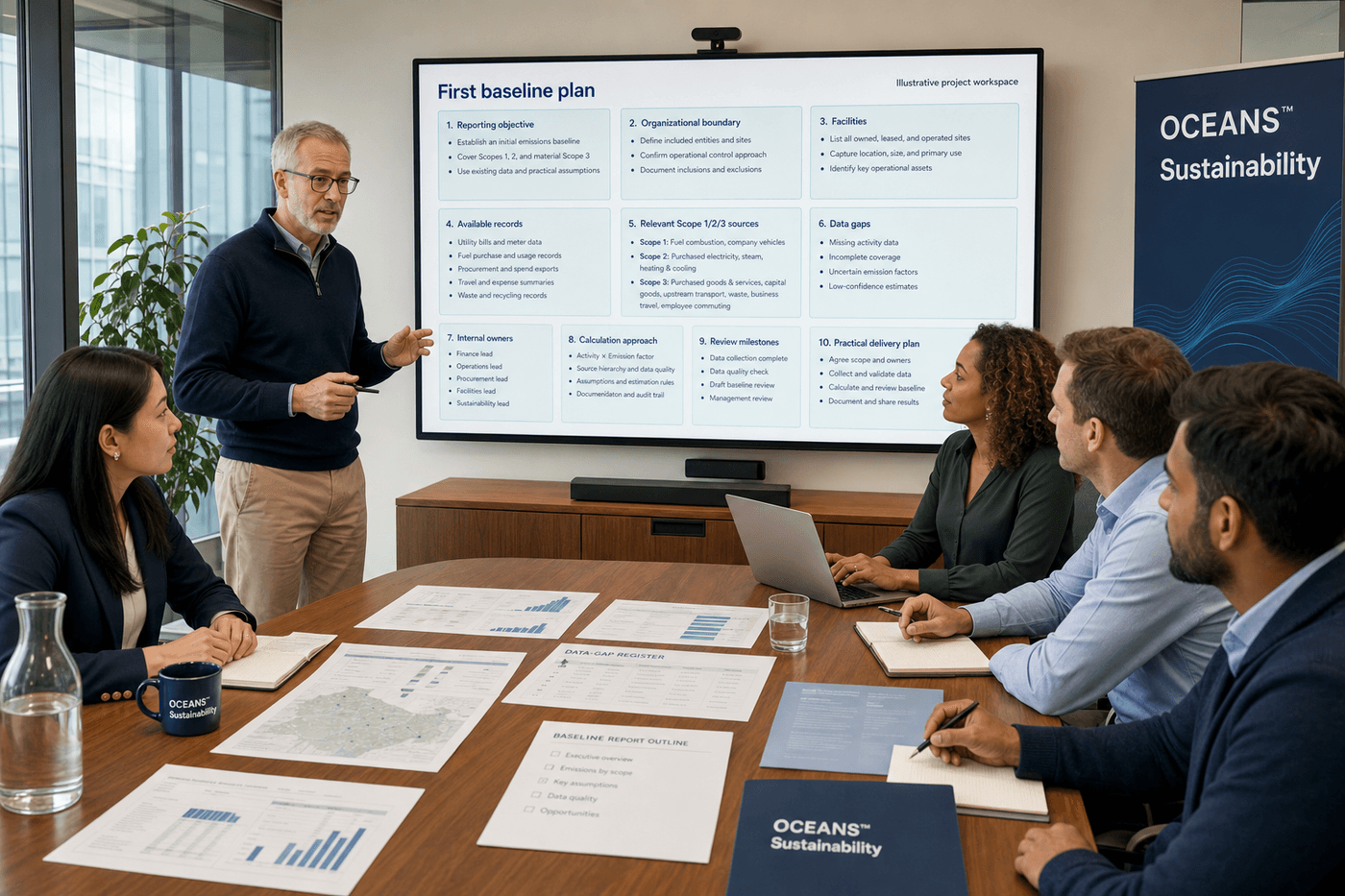 Illustrative first-baseline workshop defining objectives, boundaries, records, relevant sources, data gaps, owners, calculation approach, review milestones, and delivery plan
