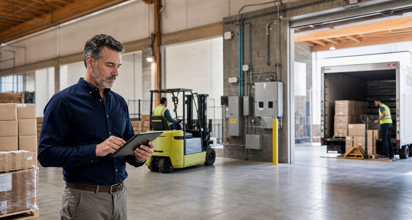 An operations manager reviewing facility data on a tablet in a warehouse, with logistics and loading activity in the background