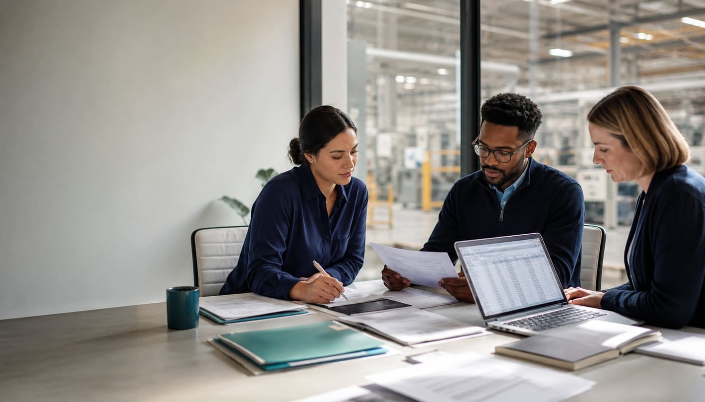 A finance and operations team reviewing spend data on paper and a laptop spreadsheet inside a manufacturing facility