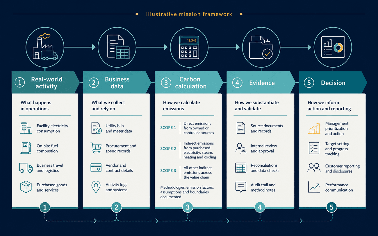 Illustrative framework showing fragmented operational records connecting into a structured carbon-accounting path