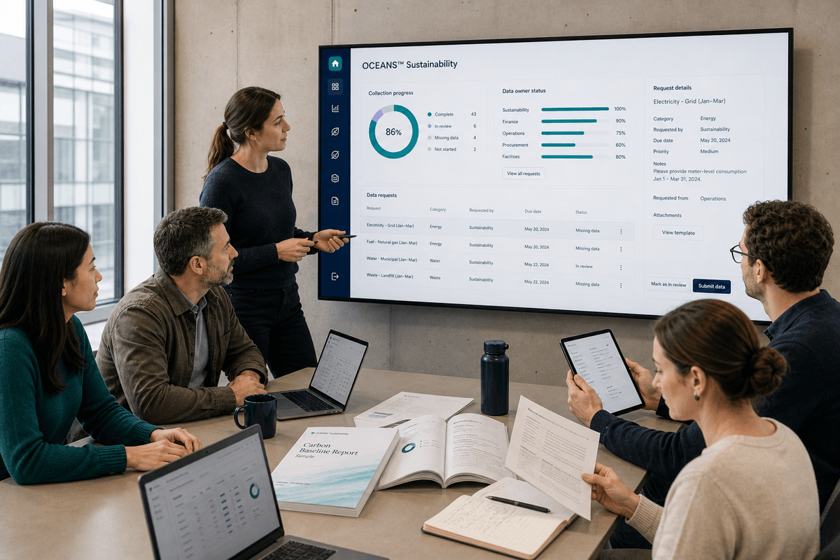 Cross-functional team coordinating data ownership and missing-record requests through OCEANS™ Sustainability
