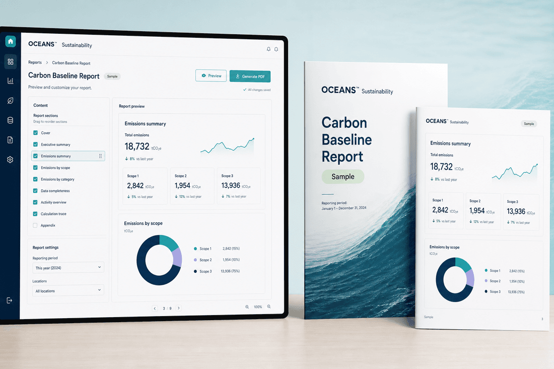 OCEANS™ Sustainability report builder beside a sample carbon baseline report
