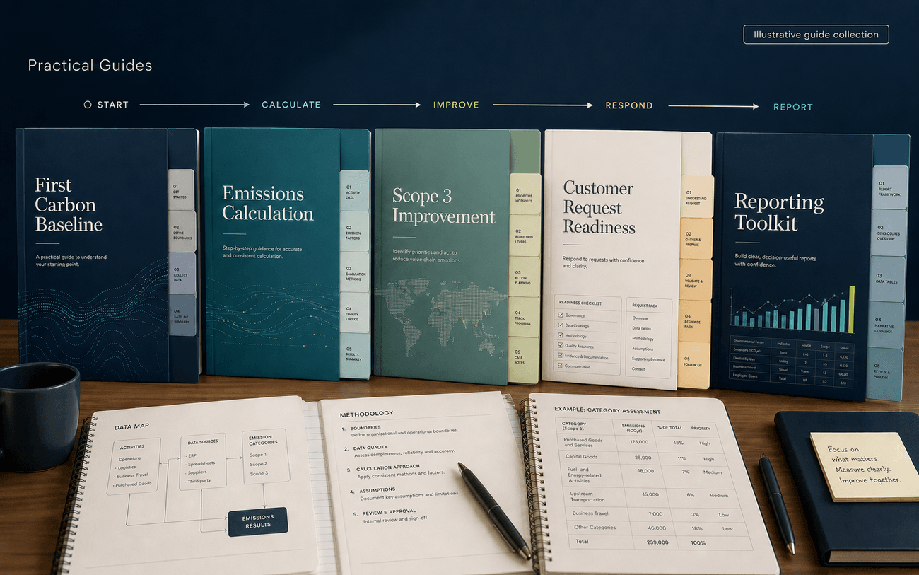 Five logo-free practical guide collections for starting, calculating, improving, responding and reporting, with open worksheets and data maps