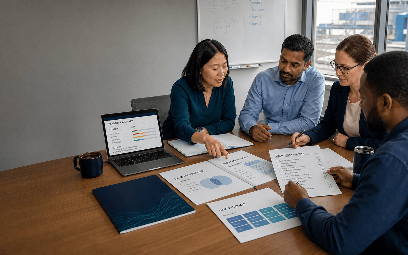 Four professionals use a carbon baseline workbook, boundary worksheet, utility checklist and readiness summary in a working session