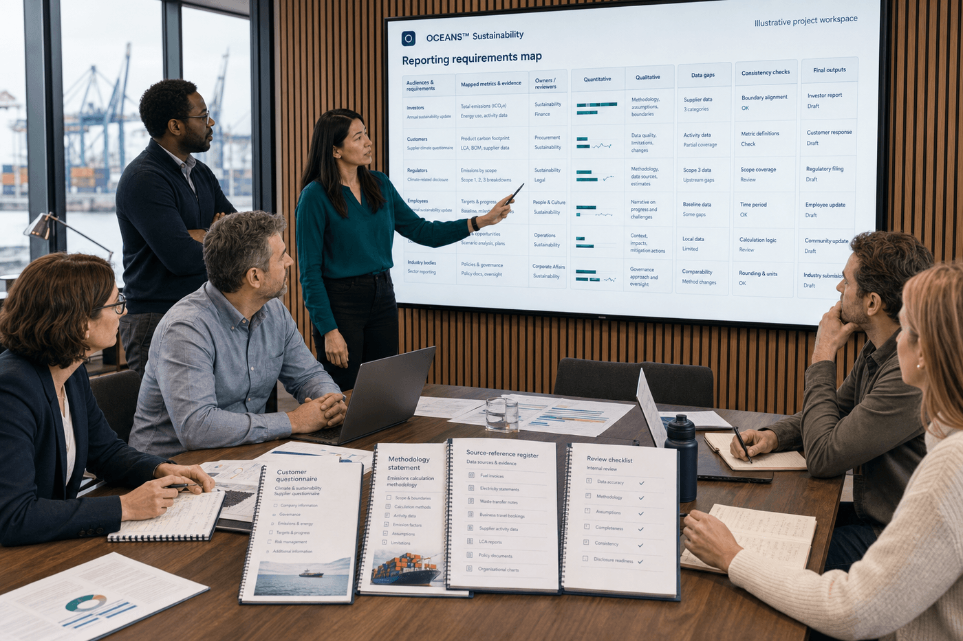 Illustrative OCEANS™ Sustainability reporting workshop mapping requirements, evidence, owners, data gaps, consistency checks, and final outputs