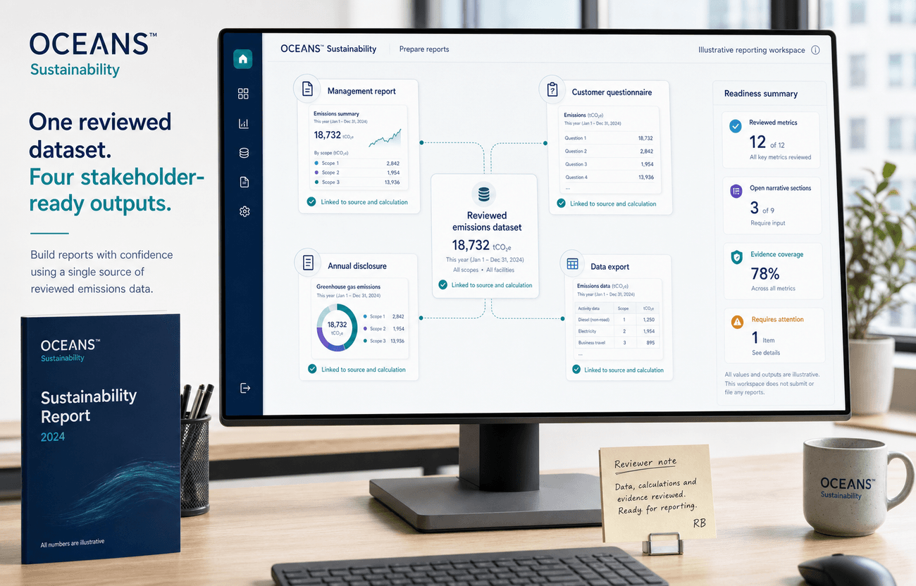 Illustrative OCEANS™ Sustainability workspace showing one reviewed emissions dataset connected to four stakeholder reporting outputs
