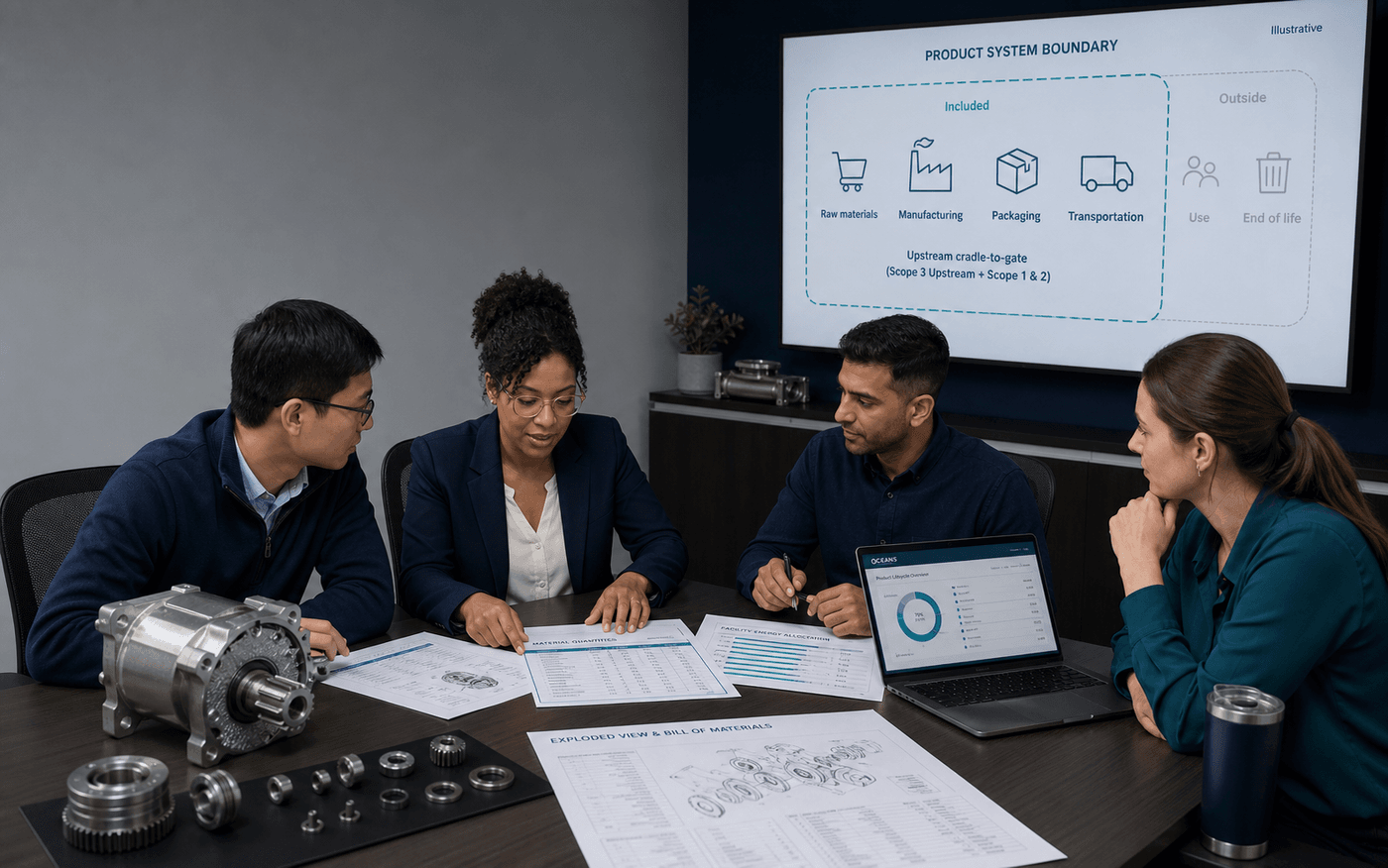 Representative product engineer, manufacturing lead, procurement specialist, and sustainability analyst reviewing a product prototype, bill of materials, facility allocation, and system boundary