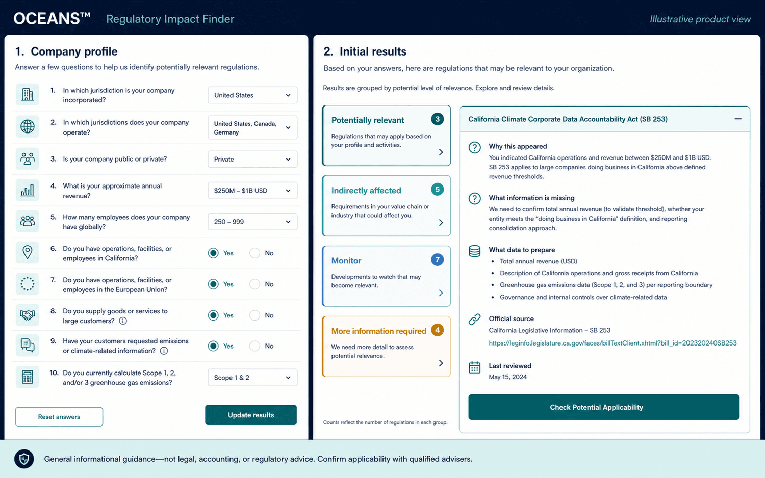 Illustrative regulatory impact finder with company-profile questions and results categorized as potentially relevant, indirectly affected, monitor or more information required