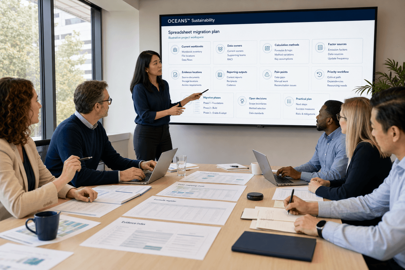 Illustrative OCEANS™ Sustainability workshop developing a phased spreadsheet migration plan with customer stakeholders