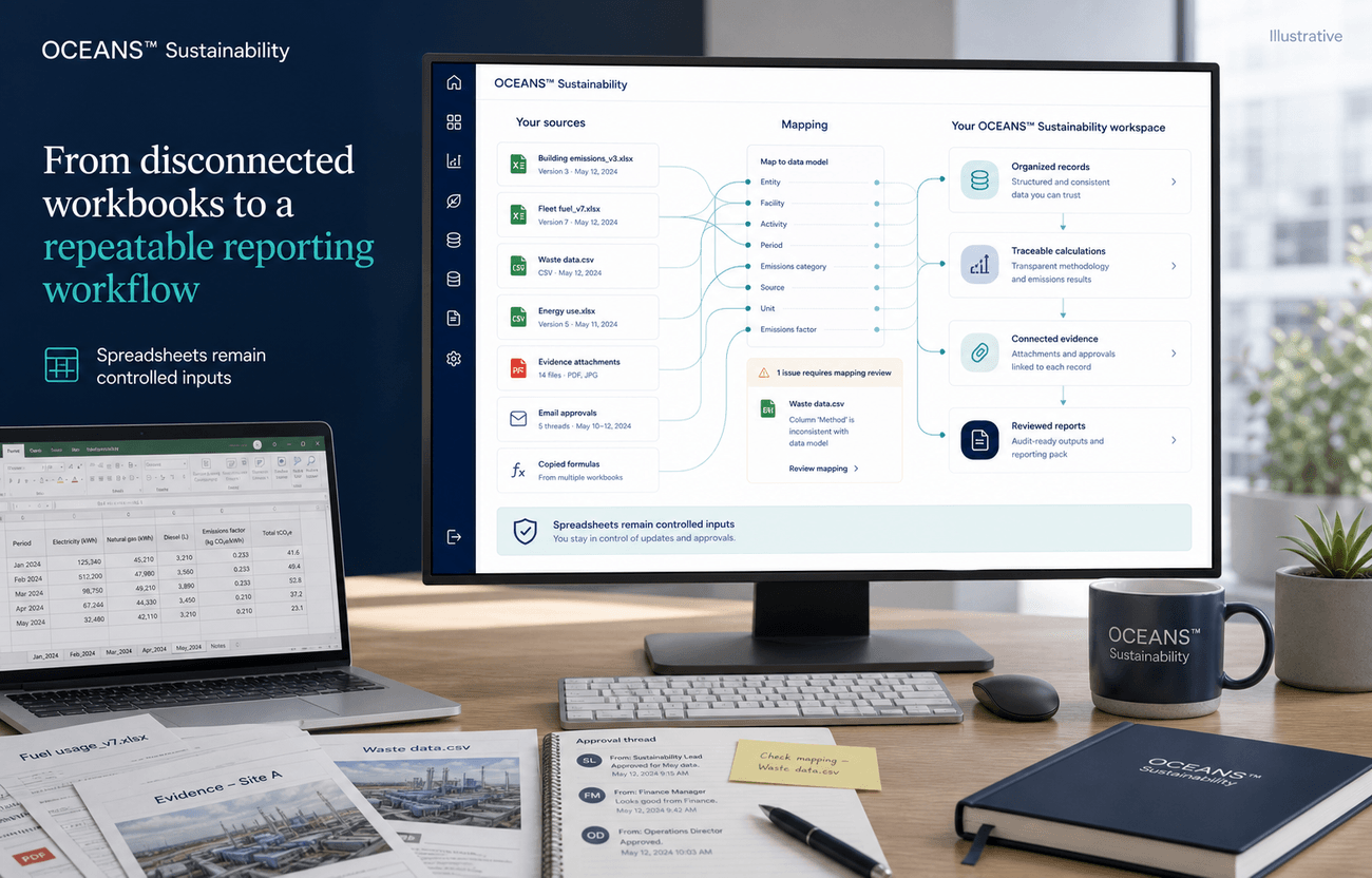 Illustrative OCEANS™ Sustainability migration from disconnected workbooks and attachments to structured records, calculations, evidence, and reporting