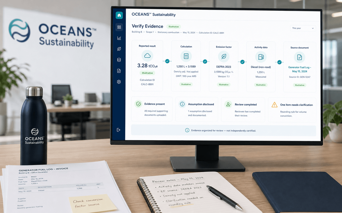 Illustrative OCEANS™ Sustainability result connected to its calculation, emission factor, activity data, source document, assumptions, and review state
